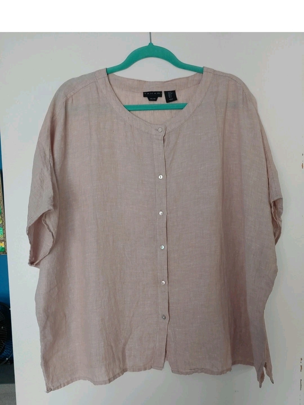 Tahari Relaxed Button-Front 100% Linen Top - Light Taupe